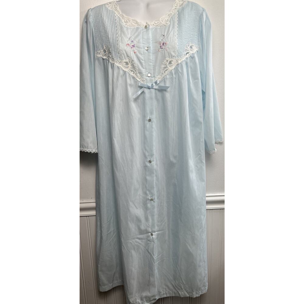 Vtg Vanity Fair House Coat M Blue Lightweight Button Short 3/4 Sleeve Grannycore